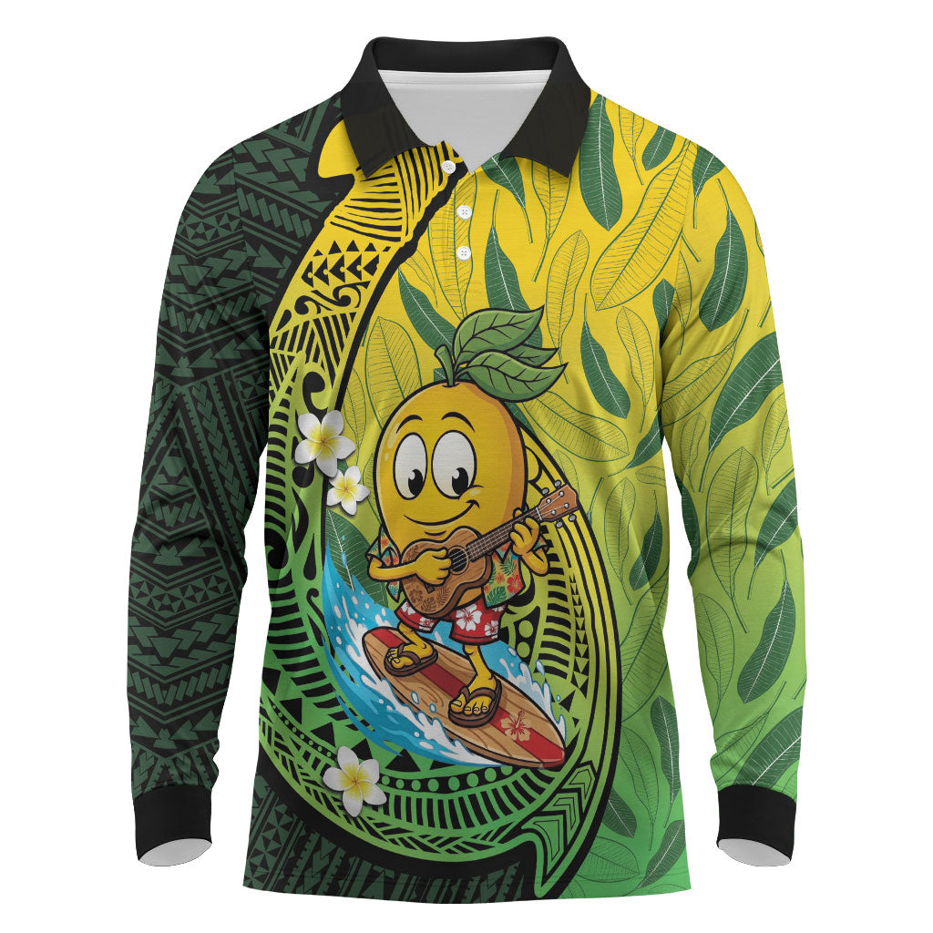 Hawaii Surfing Mango Long Sleeve Polo Shirt Manako Polynesian Fish Hook