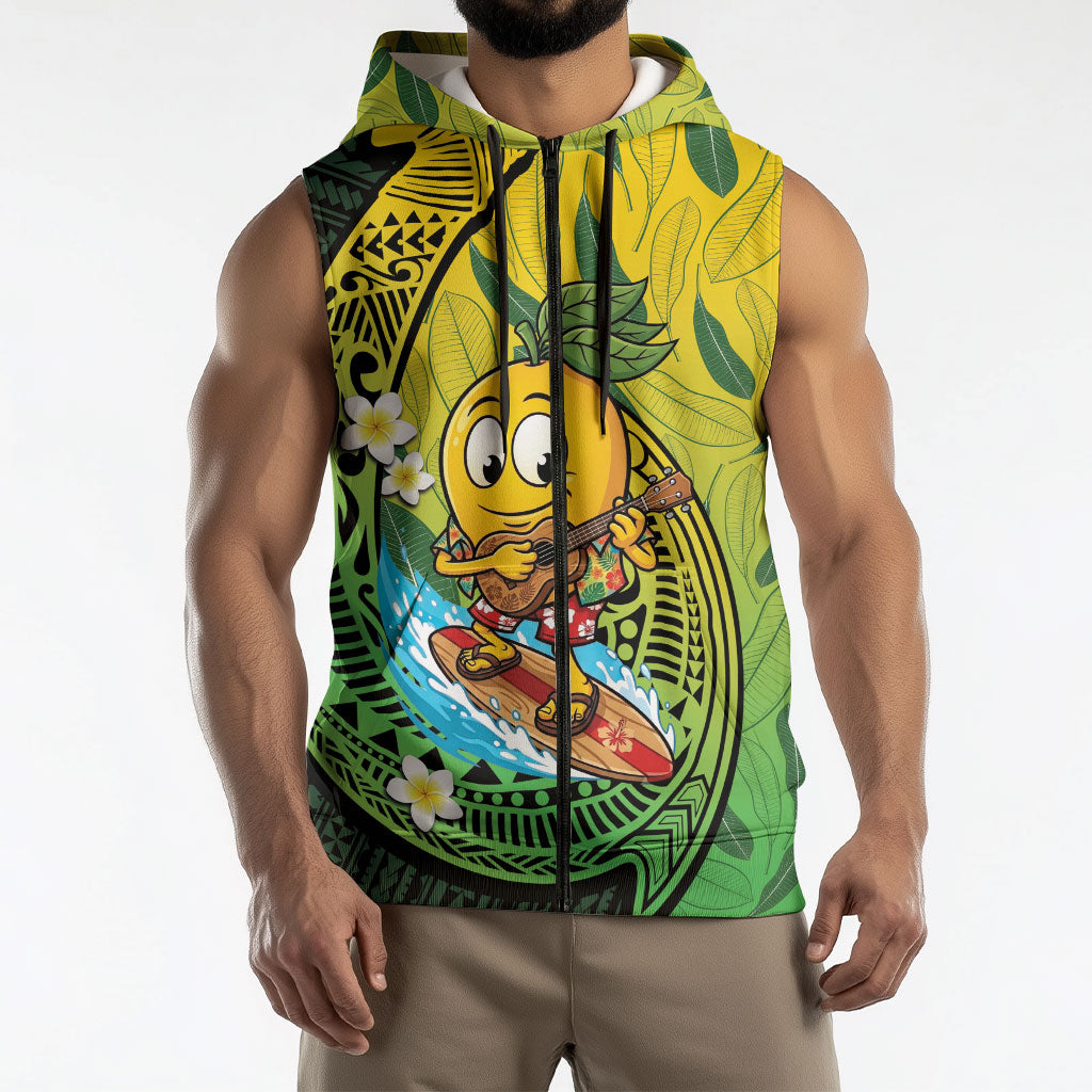 Hawaii Surfing Mango Sleeveless Zip Hoodie Manako Polynesian Fish Hook
