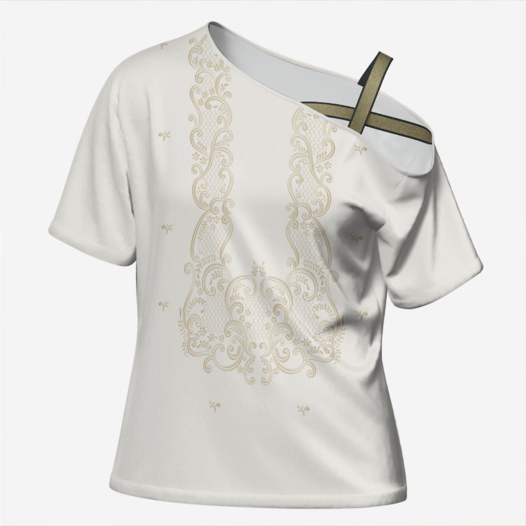 Philippines National Costume Cross Shoulder Shirt Barong Tagalog Inspired Ivory White Color LT14 Female Ivory White - Polynesian Pride