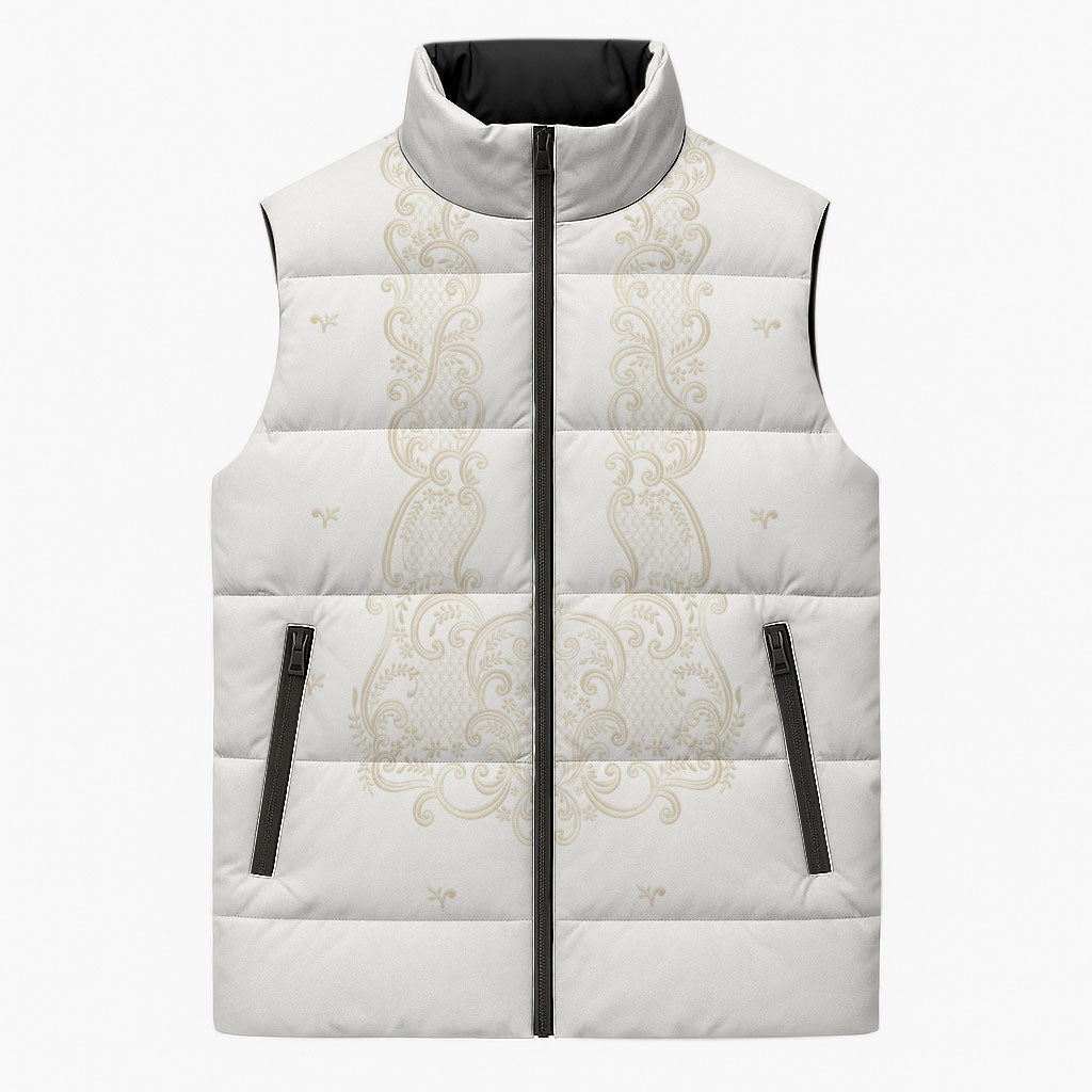 Philippines National Costume Sleeveless Puffer Jacket Barong Tagalog Inspired Ivory White Color LT14 Unisex Ivory White - Polynesian Pride