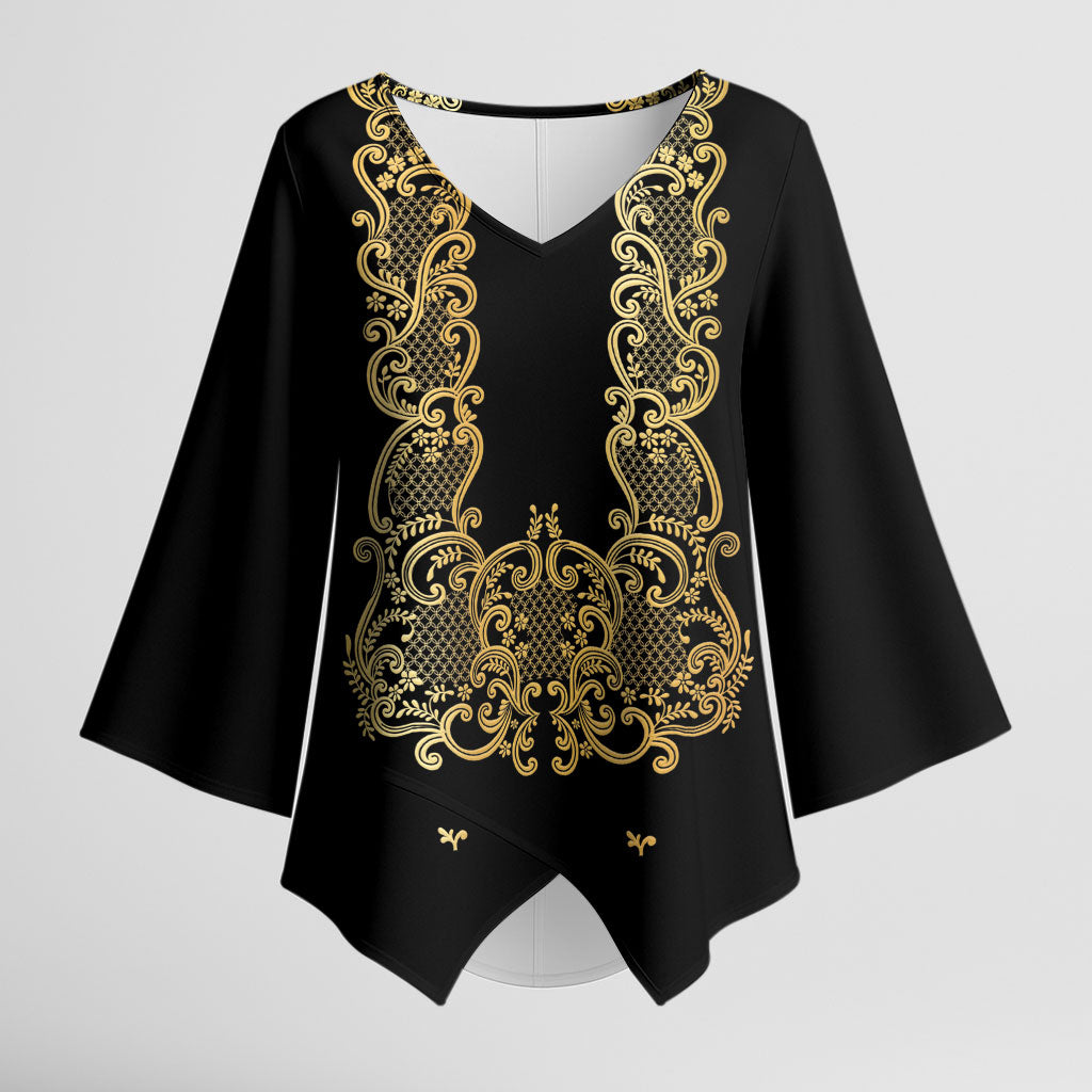 Philippines National Costume Kimono Sleeve Blouse Barong Tagalog Inspired Black Color LT14 Female Black - Polynesian Pride