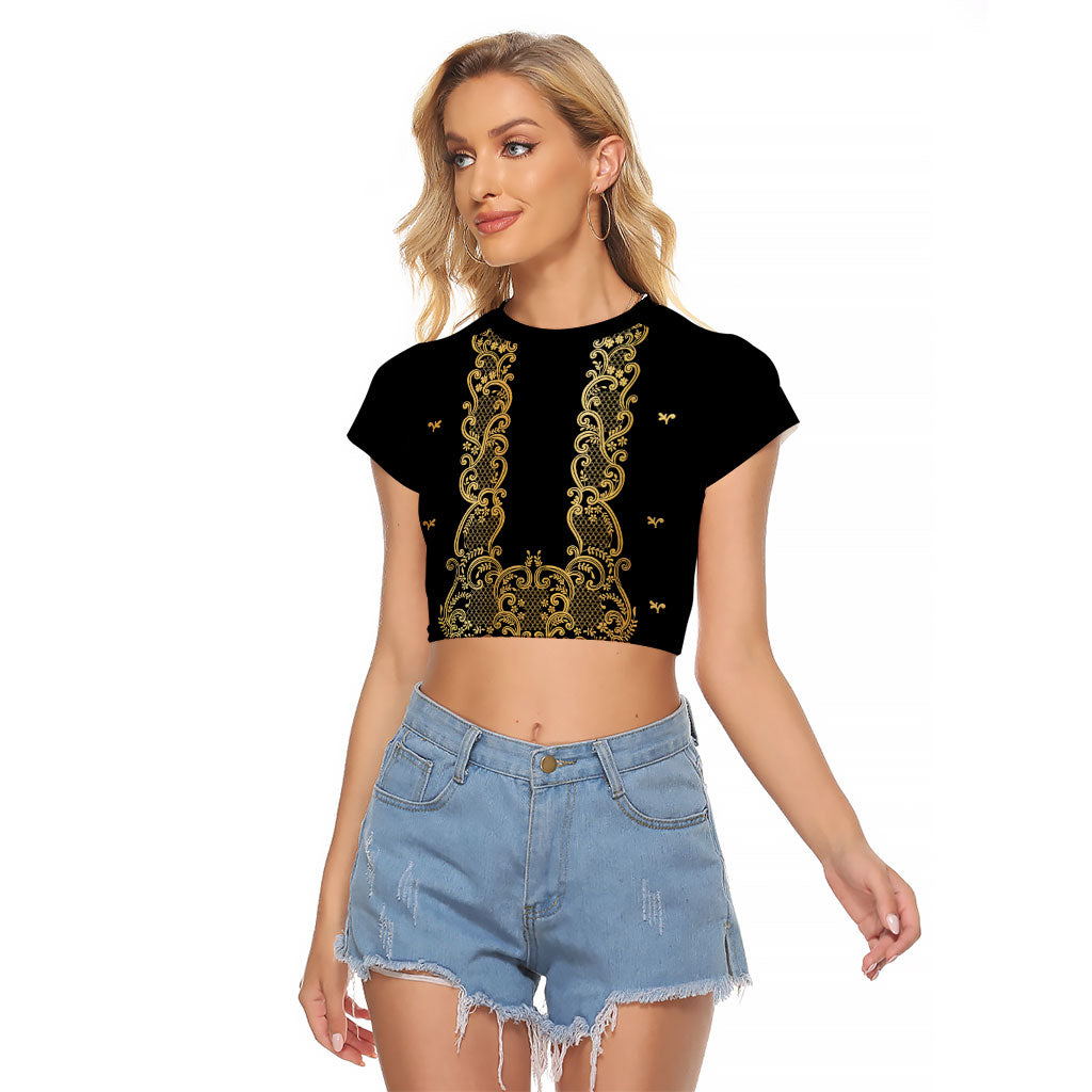 Philippines National Costume Raglan Cropped T Shirt Barong Tagalog Inspired Black Color
