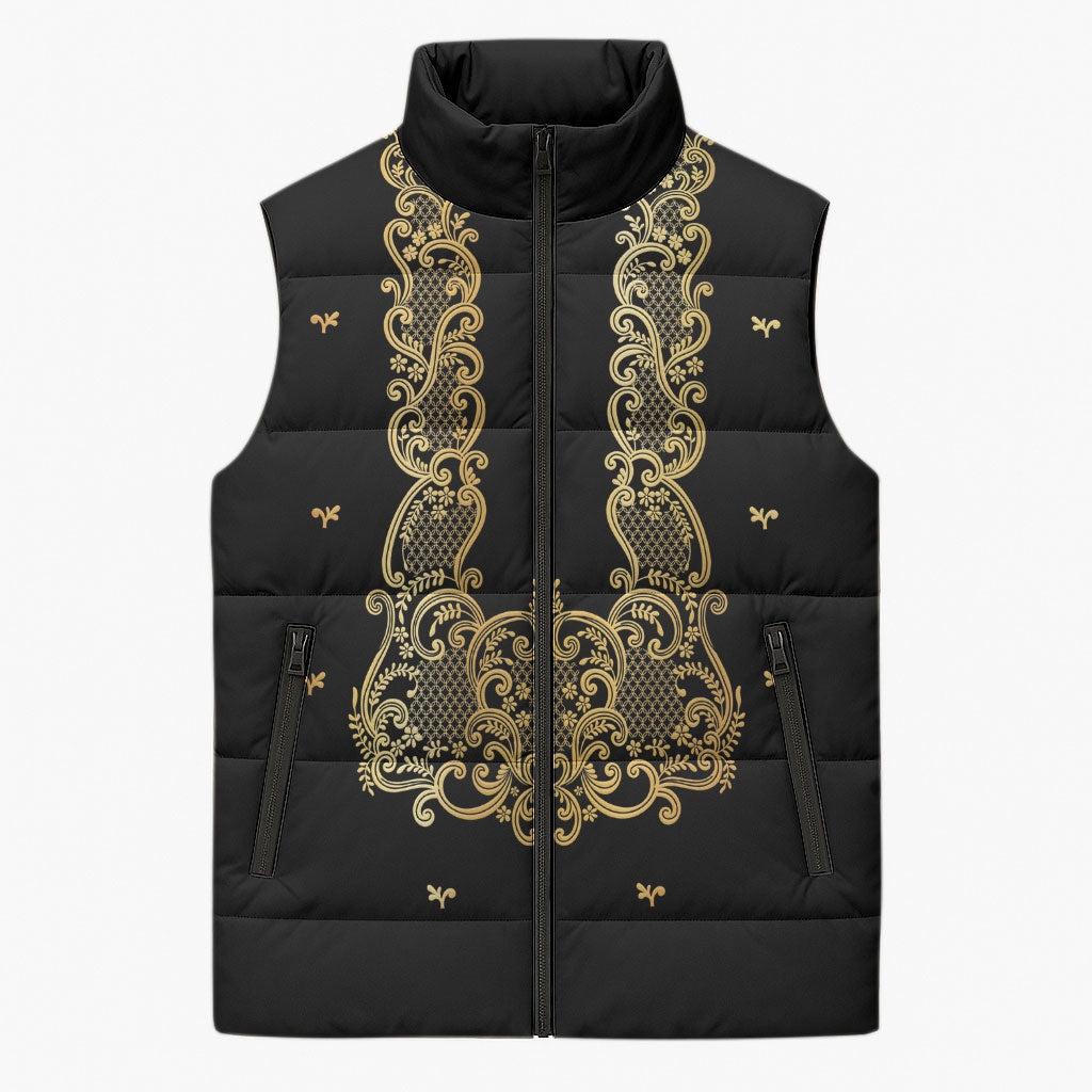 Philippines National Costume Sleeveless Puffer Jacket Barong Tagalog Inspired Black Color LT14 Unisex Black - Polynesian Pride