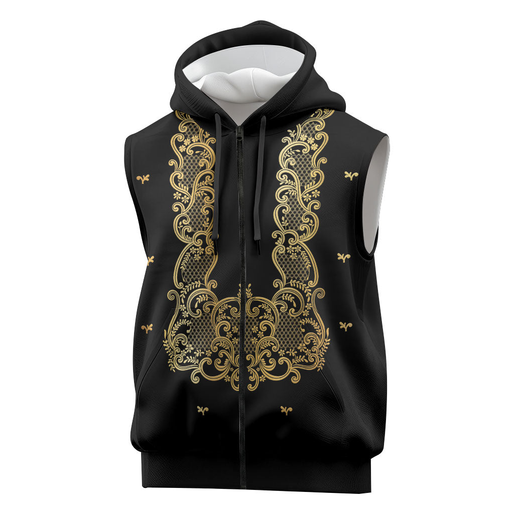 Philippines National Costume Sleeveless Zip Hoodie Barong Tagalog Inspired Black Color LT14 Black - Polynesian Pride