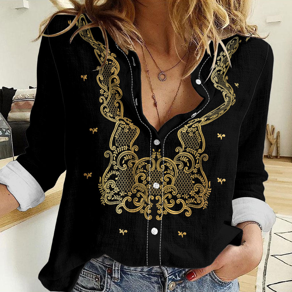 Philippines National Costume Women Casual Shirt Barong Tagalog Inspired Black Color LT14 Female Black - Polynesian Pride