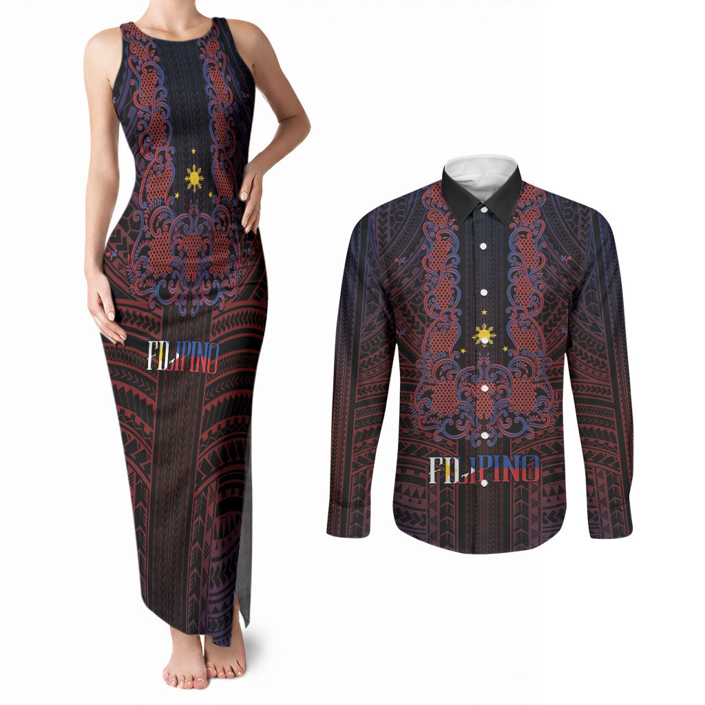 Filipino Barong Tagalog Inspired Personalised Couples Matching Tank Maxi Dress and Long Sleeve Button Shirt Mabuhay Philippines Festival Polynesian Pattern