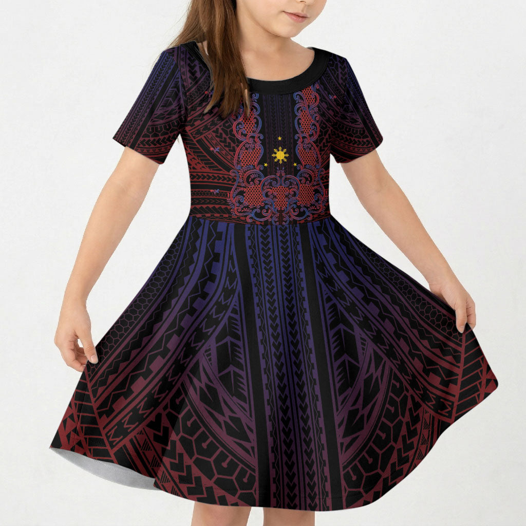 Filipino Barong Tagalog Inspired Personalised Kid Short Sleeve Dress Mabuhay Philippines Festival Polynesian Pattern