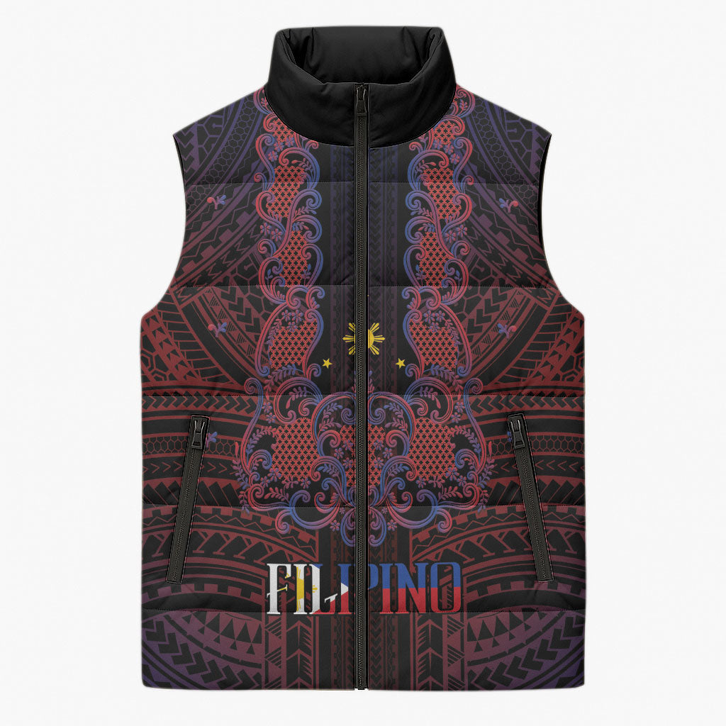 Filipino Barong Tagalog Inspired Personalised Sleeveless Puffer Jacket Mabuhay Philippines Festival Polynesian Pattern LT14 Unisex Black - Polynesian Pride