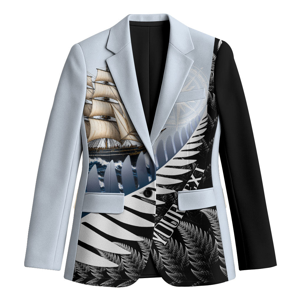 Personalised New Zealand Pakeha Blazer Kiwi Silver Fern and Sailing Ship Compass LT14 Unisex Blue - Polynesian Pride