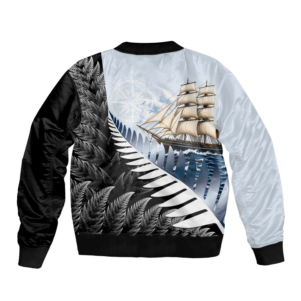 Personalised New Zealand Pakeha Bomber Jacket Kiwi Silver Fern and Sailing Ship Compass LT14 - Polynesian Pride