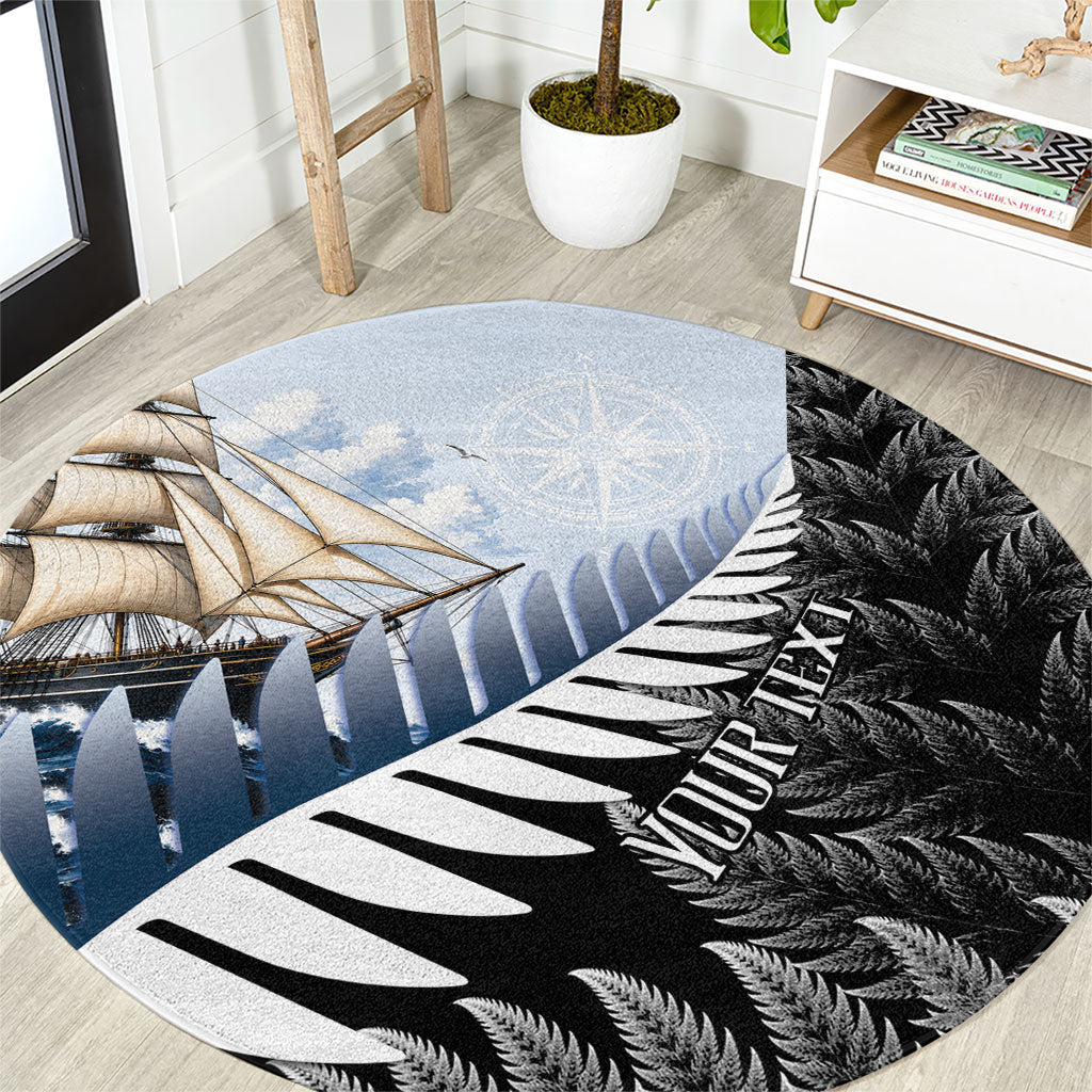 Personalised New Zealand Pakeha Round Carpet Kiwi Silver Fern and Sailing Ship Compass LT14 Blue - Polynesian Pride