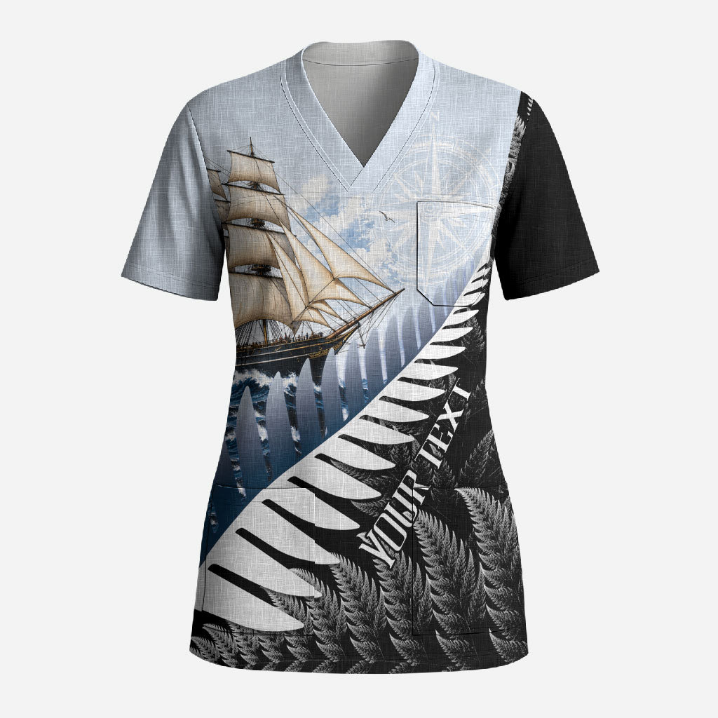 Personalised New Zealand Pakeha Scrub Top Kiwi Silver Fern and Sailing Ship Compass LT14 Adult Blue - Polynesian Pride