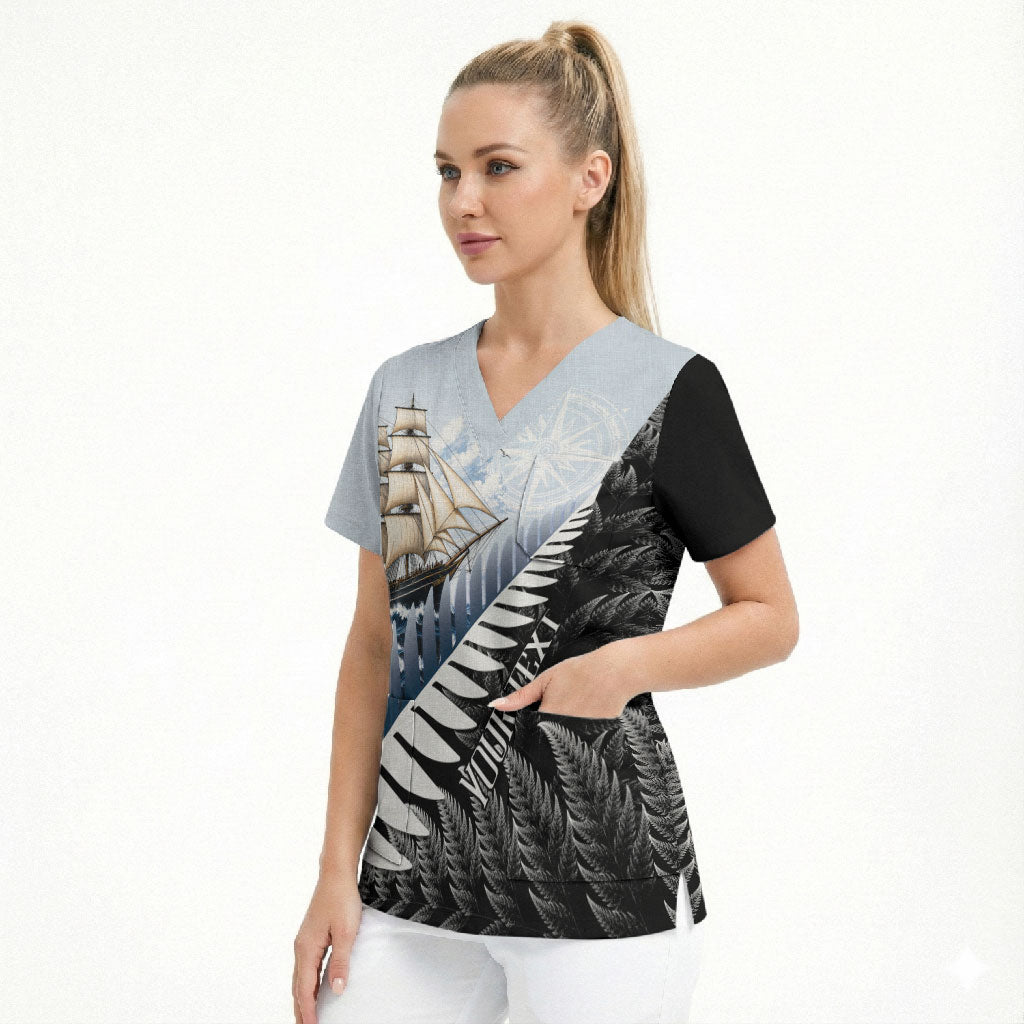 Personalised New Zealand Pakeha Scrub Top Kiwi Silver Fern and Sailing Ship Compass LT14 - Polynesian Pride