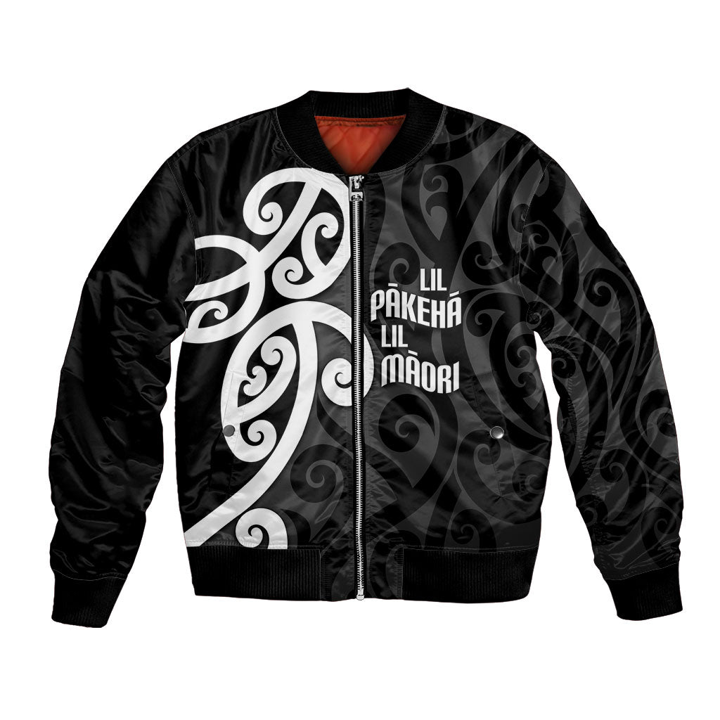 Lil Pakeha Lil Maori New Zealand Bomber Jacket Kiwi Proud Mangopare Pattern LT14 Unisex Black - Polynesian Pride