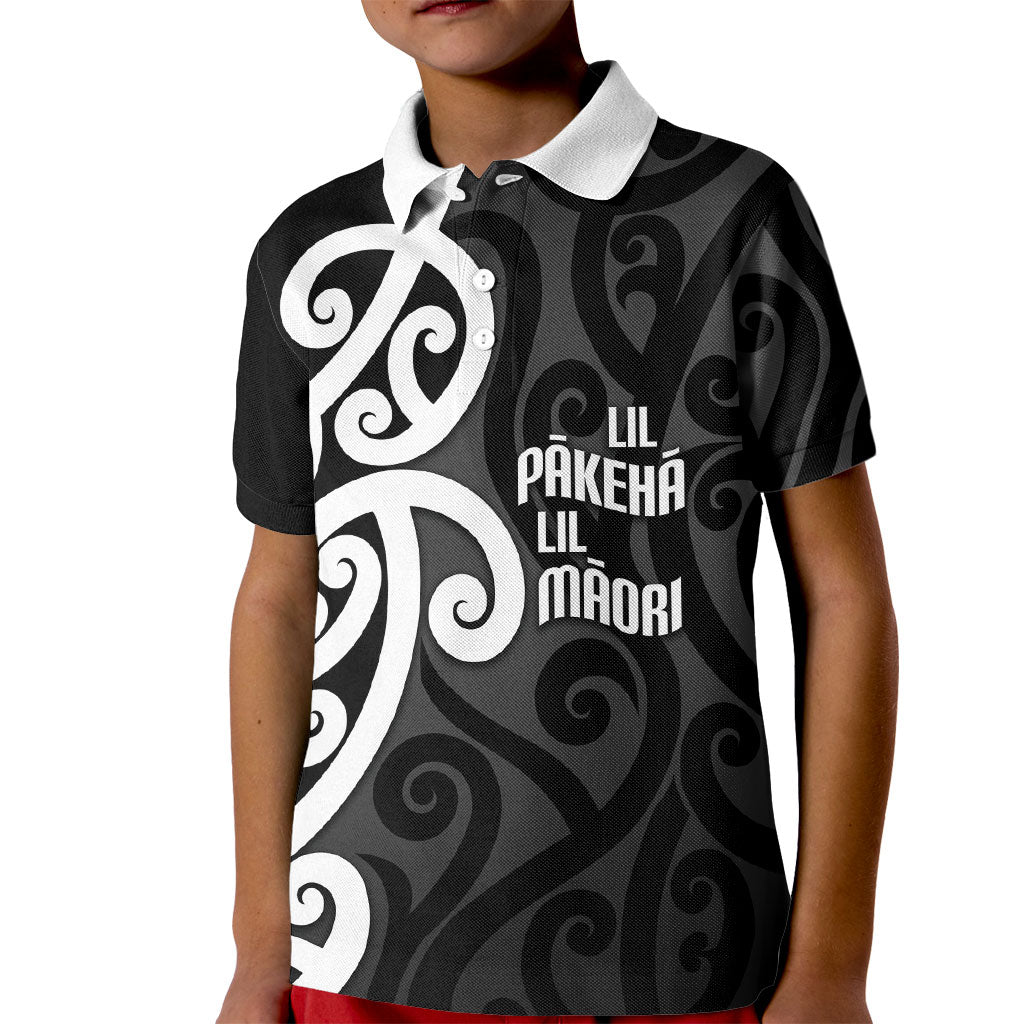 Lil Pakeha Lil Maori New Zealand Kid Polo Shirt Kiwi Proud Mangopare Pattern LT14 Kid Black - Polynesian Pride