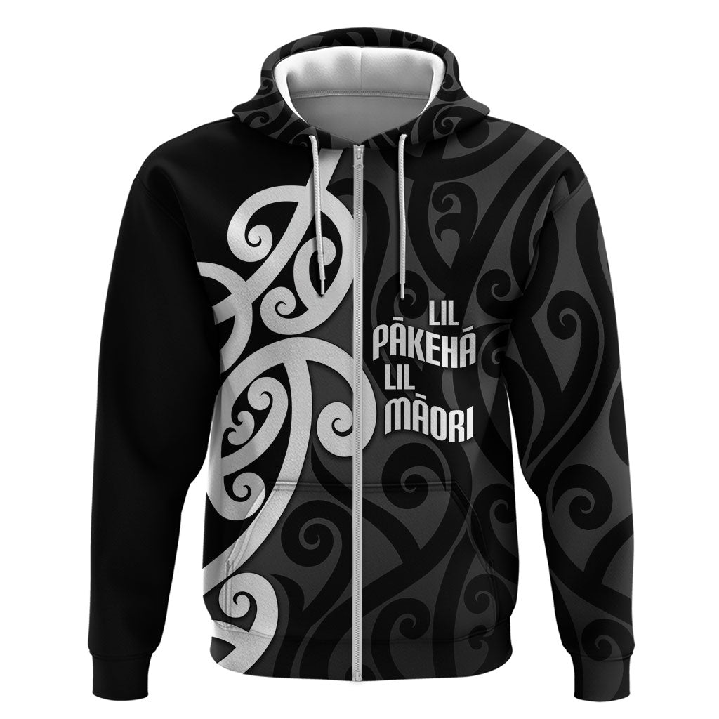 Lil Pakeha Lil Maori New Zealand Zip Hoodie Kiwi Proud Mangopare Pattern LT14 Zip Hoodie Black - Polynesian Pride