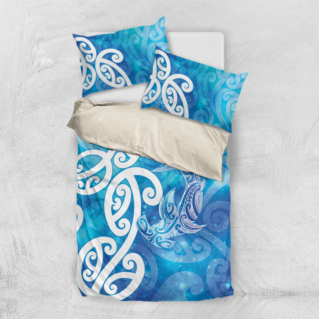Hammerhead Shark Tattoo New Zealand Bedding Set Maori Galaxy Mangopare Pattern LT14 US Twin 172cm x 218cm Turquoise - Polynesian Pride