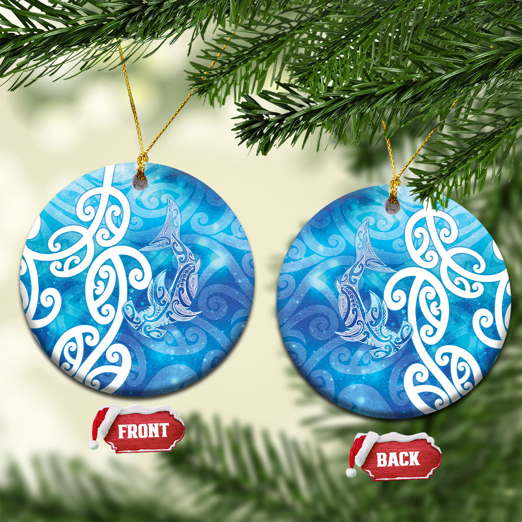 Hammerhead Shark Tattoo New Zealand Ceramic Ornament Maori Galaxy Mangopare Pattern LT14 Circle Turquoise - Polynesian Pride