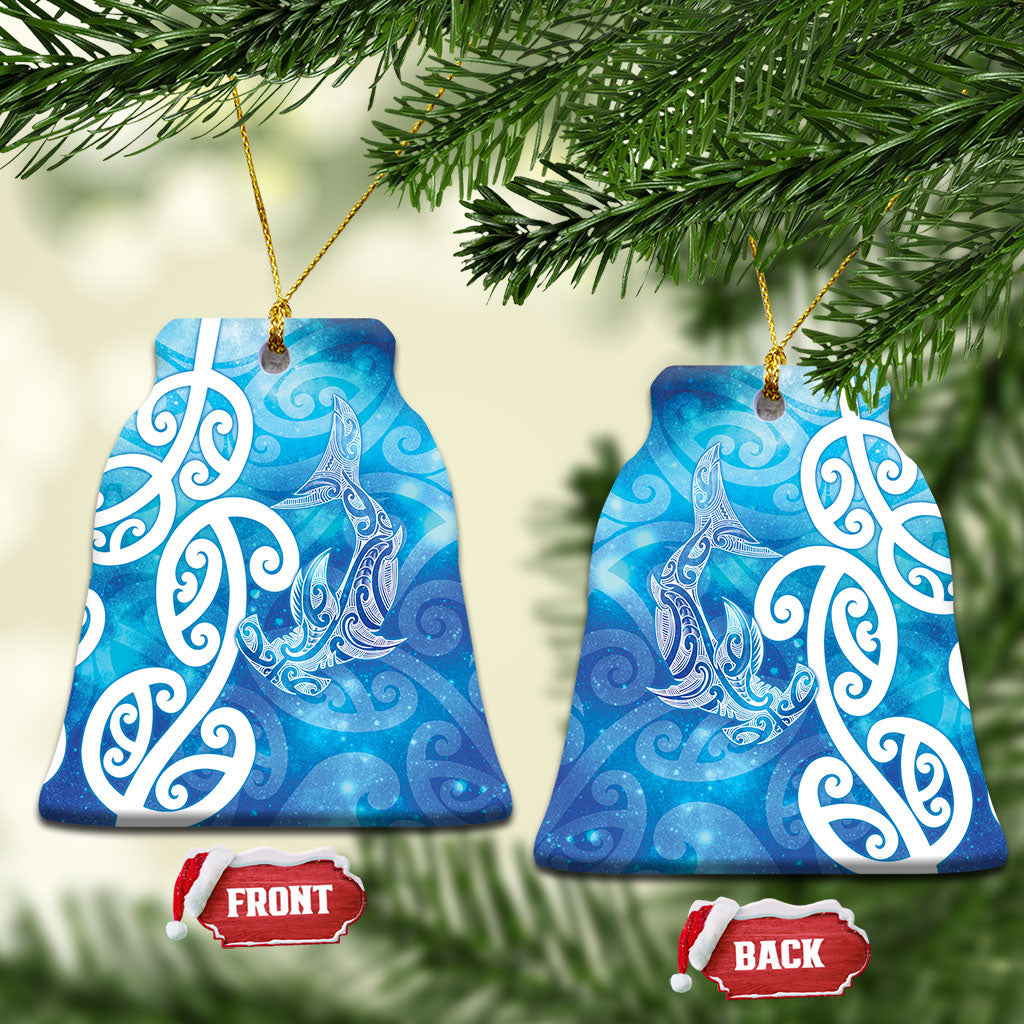 Hammerhead Shark Tattoo New Zealand Ceramic Ornament Maori Galaxy Mangopare Pattern LT14 Bell Flake Turquoise - Polynesian Pride