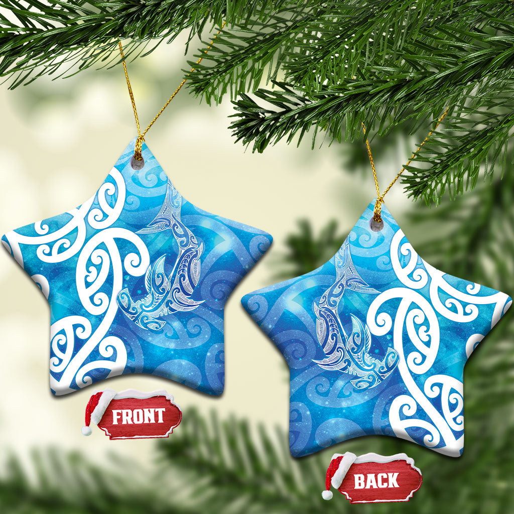 Hammerhead Shark Tattoo New Zealand Ceramic Ornament Maori Galaxy Mangopare Pattern LT14 Star Turquoise - Polynesian Pride