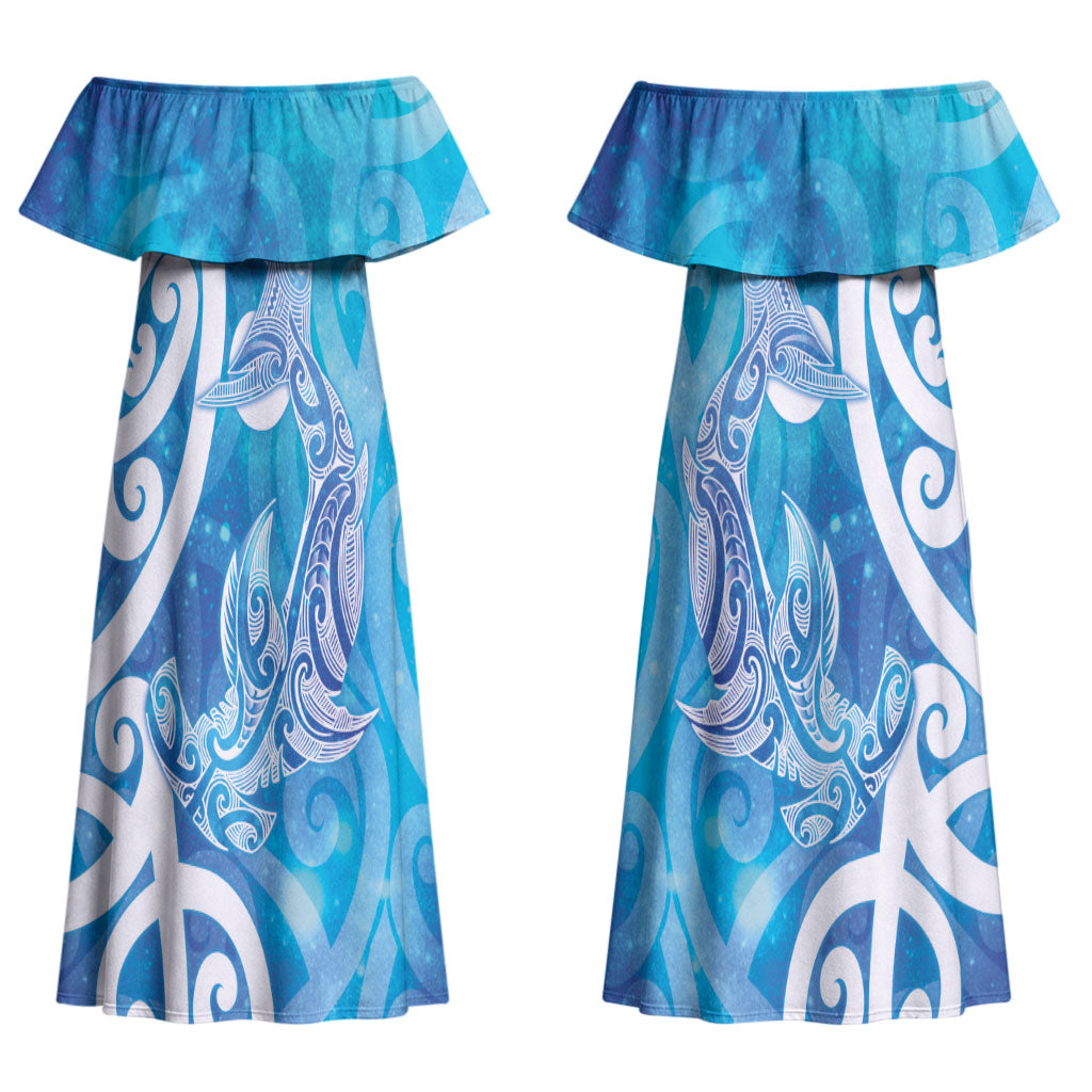 Hammerhead Shark Tattoo New Zealand Couples Matching Off Shoulder Maxi Dress and Long Sleeve Button Shirt Maori Galaxy Mangopare Pattern LT14 - Polynesian Pride