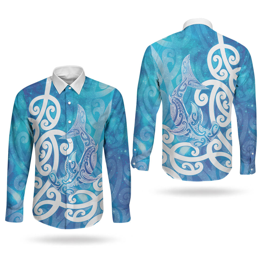 Hammerhead Shark Tattoo New Zealand Couples Matching Tank Maxi Dress and Long Sleeve Button Shirt Maori Galaxy Mangopare Pattern LT14 - Polynesian Pride