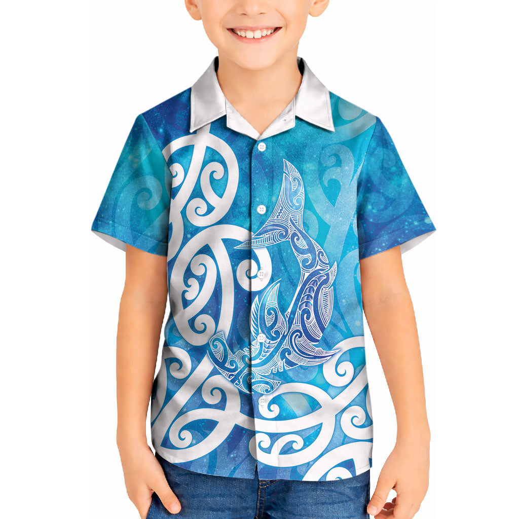 Hammerhead Shark Tattoo New Zealand Kid Hawaiian Shirt Maori Galaxy Mangopare Pattern LT14 Kid Turquoise - Polynesian Pride