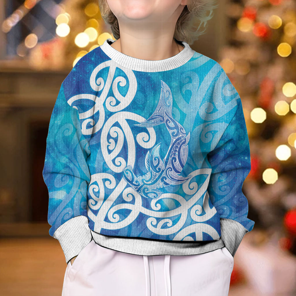 Hammerhead Shark Tattoo New Zealand Kid Ugly Christmas Sweater Maori Galaxy Mangopare Pattern LT14 - Polynesian Pride