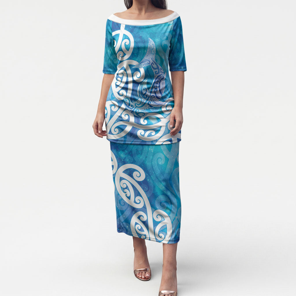 Hammerhead Shark Tattoo New Zealand Puletasi Maori Galaxy Mangopare Pattern LT14 Long Dress Turquoise - Polynesian Pride