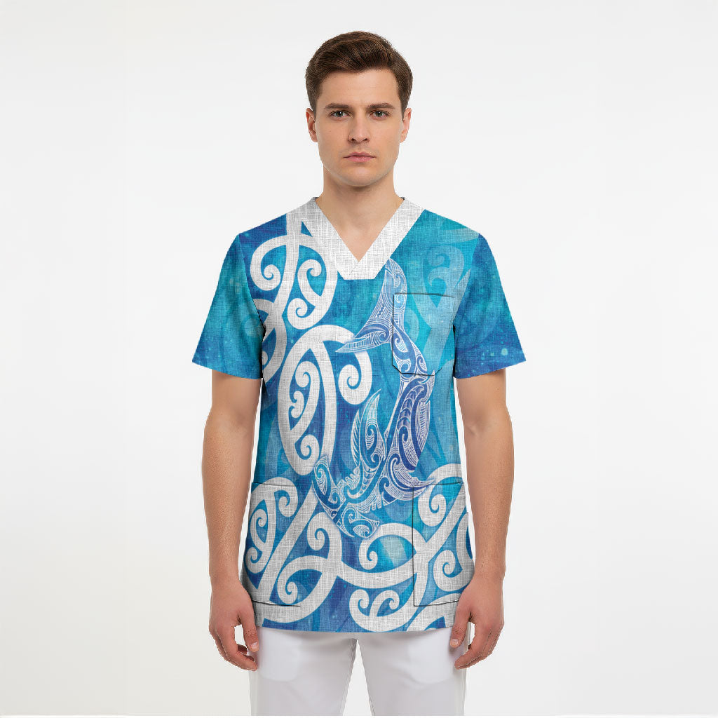 Hammerhead Shark Tattoo New Zealand Scrub Top Maori Galaxy Mangopare Pattern LT14 - Polynesian Pride
