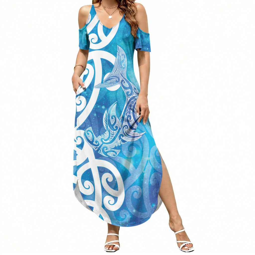Hammerhead Shark Tattoo New Zealand Summer Maxi Dress Maori Galaxy Mangopare Pattern LT14 Women Turquoise - Polynesian Pride