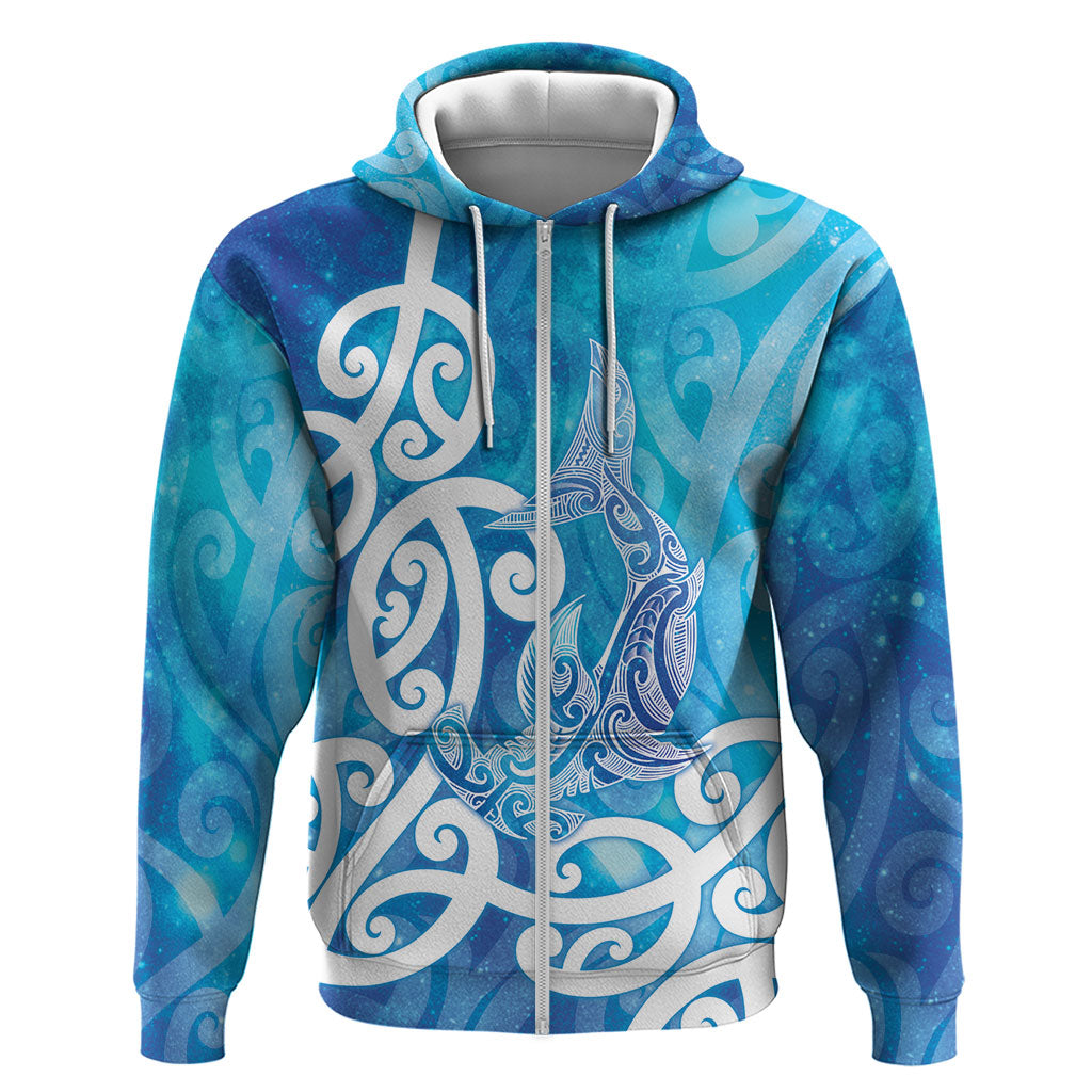 Hammerhead Shark Tattoo New Zealand Zip Hoodie Maori Galaxy Mangopare Pattern LT14 Zip Hoodie Turquoise - Polynesian Pride