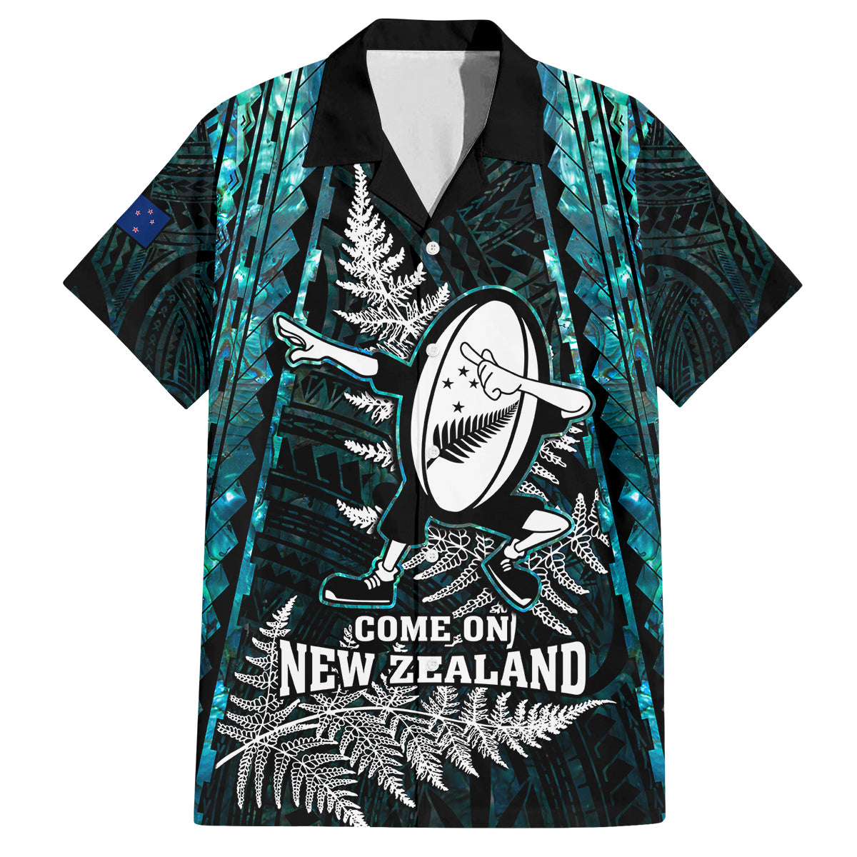 New Zealand Silver Fern Rugby Family Matching Off Shoulder Long Sleeve Dress and Hawaiian Shirt Aotearoa All Black Dabbing Ball With Maori Paua Shell LT14 Dad's Shirt - Short Sleeve Turquoise - Polynesian Pride