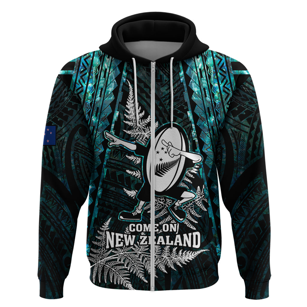 New Zealand Silver Fern Rugby Hoodie Aotearoa All Black Dabbing Ball With Maori Paua Shell LT14 - Polynesian Pride