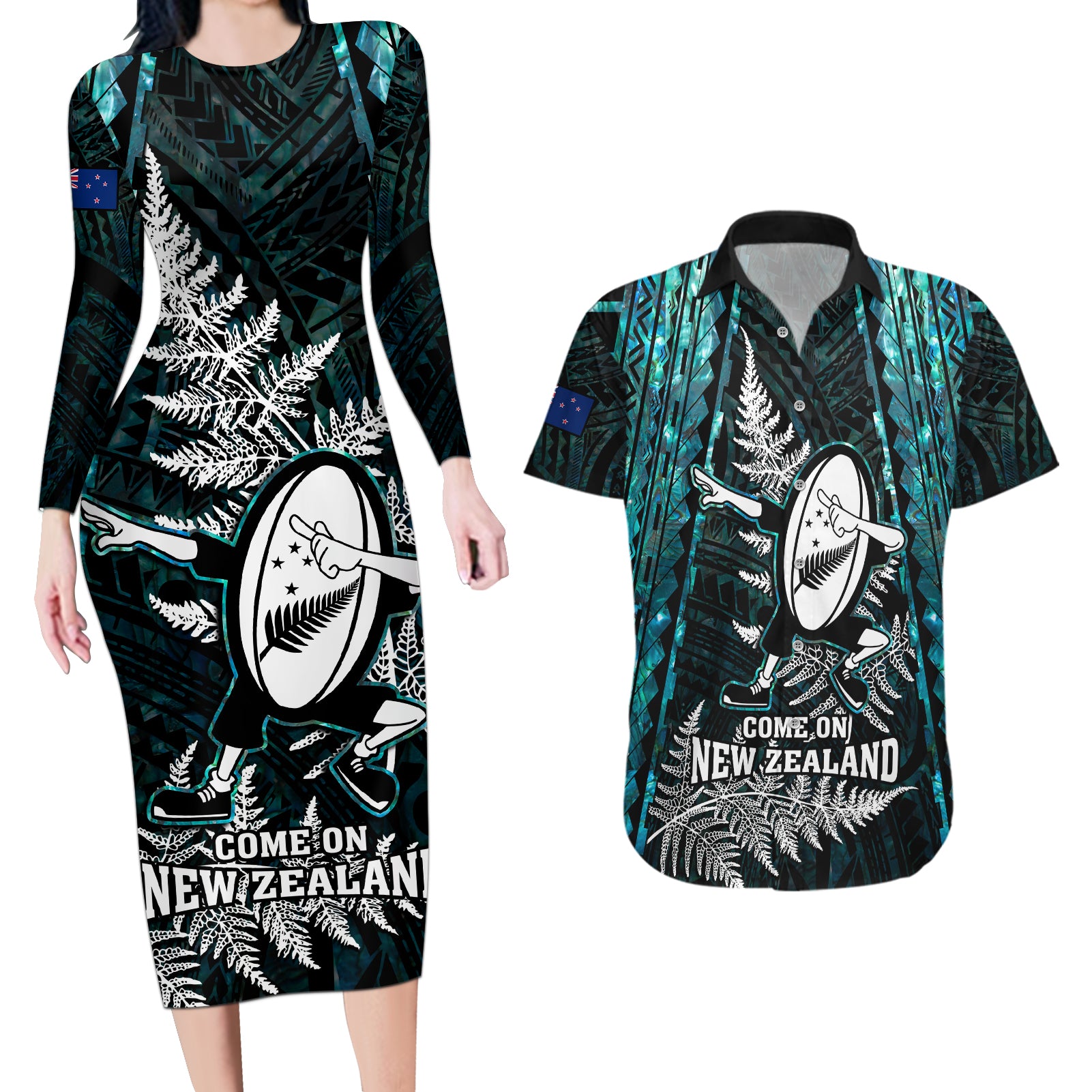 Custom New Zealand Silver Fern Rugby Couples Matching Long Sleeve Bodycon Dress and Hawaiian Shirt Aotearoa All Black Dabbing Ball With Maori Paua Shell LT14 Turquoise - Polynesian Pride