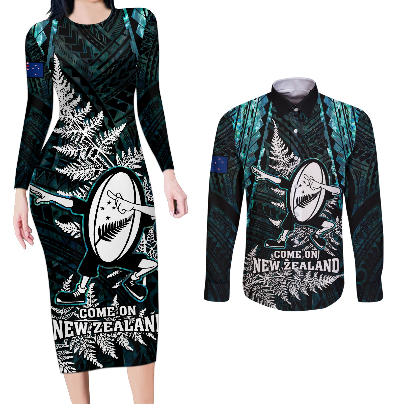 Custom New Zealand Silver Fern Rugby Couples Matching Long Sleeve Bodycon Dress and Long Sleeve Button Shirts Aotearoa All Black Dabbing Ball With Maori Paua Shell LT14 Turquoise - Polynesian Pride