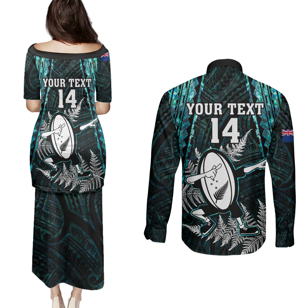 Custom New Zealand Silver Fern Rugby Couples Matching Puletasi Dress and Long Sleeve Button Shirts Aotearoa All Black Dabbing Ball With Maori Paua Shell LT14 - Polynesian Pride