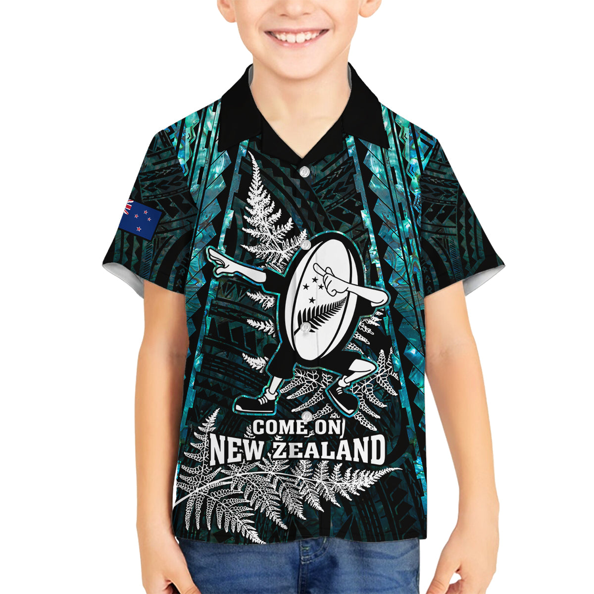 Custom New Zealand Silver Fern Rugby Family Matching Long Sleeve Bodycon Dress and Hawaiian Shirt Aotearoa All Black Dabbing Ball With Maori Paua Shell LT14 Son's Shirt Turquoise - Polynesian Pride