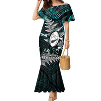 Custom New Zealand Silver Fern Rugby Family Matching Mermaid Dress and Hawaiian Shirt Aotearoa All Black Dabbing Ball With Maori Paua Shell LT14 Mom's Dress Turquoise - Polynesian Pride