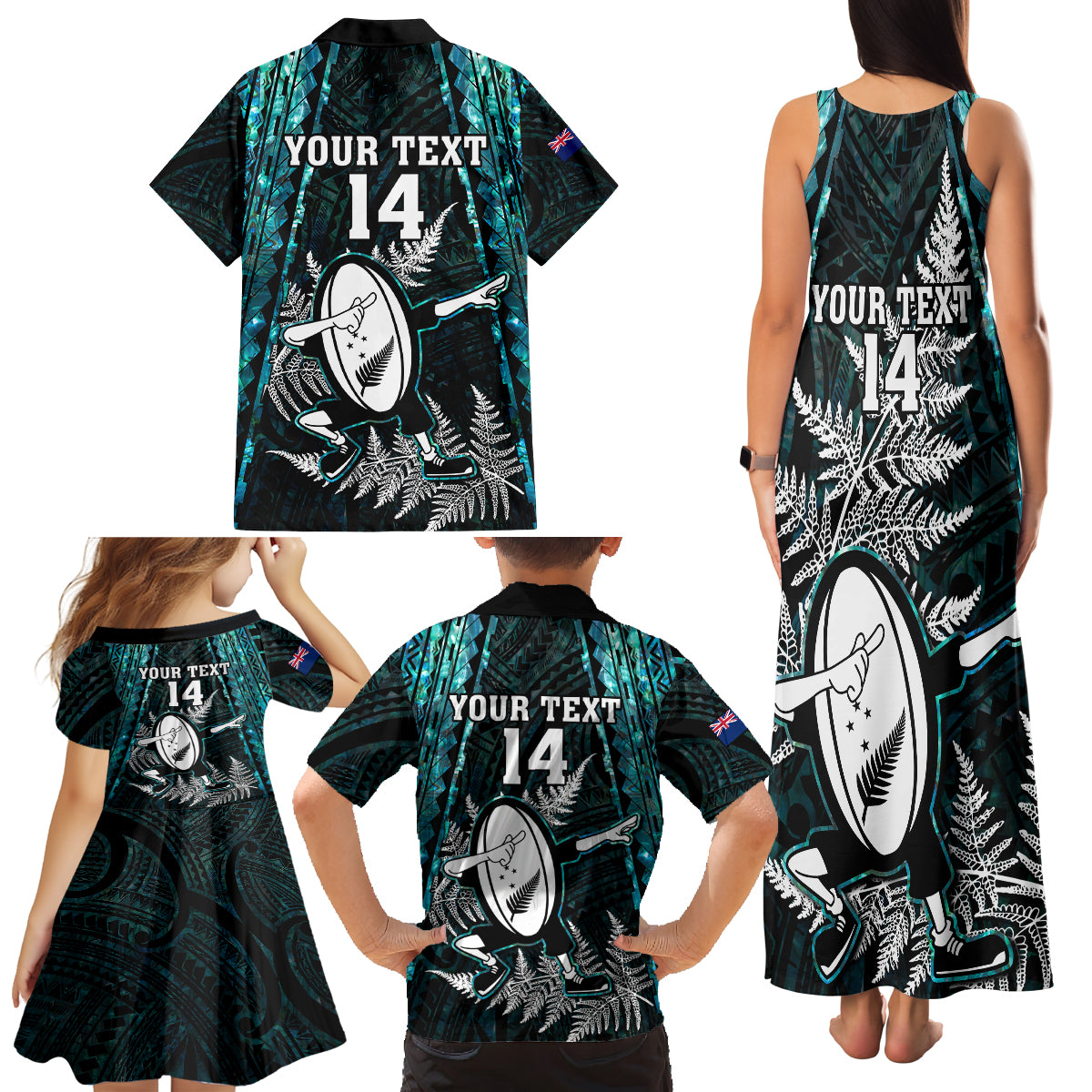Custom New Zealand Silver Fern Rugby Family Matching Tank Maxi Dress and Hawaiian Shirt Aotearoa All Black Dabbing Ball With Maori Paua Shell LT14 - Polynesian Pride