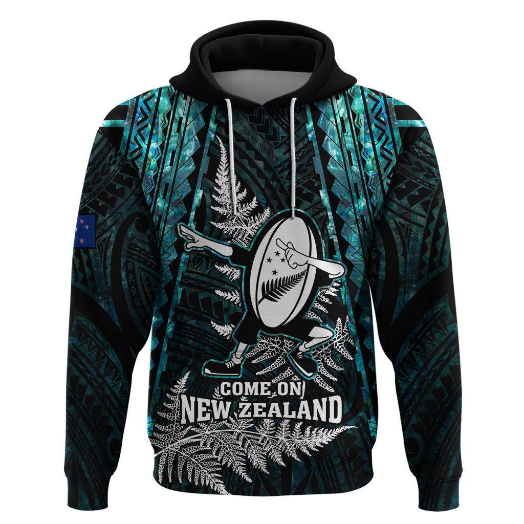 Custom New Zealand Silver Fern Rugby Hoodie Aotearoa All Black Dabbing Ball With Maori Paua Shell LT14 Pullover Hoodie Turquoise - Polynesian Pride