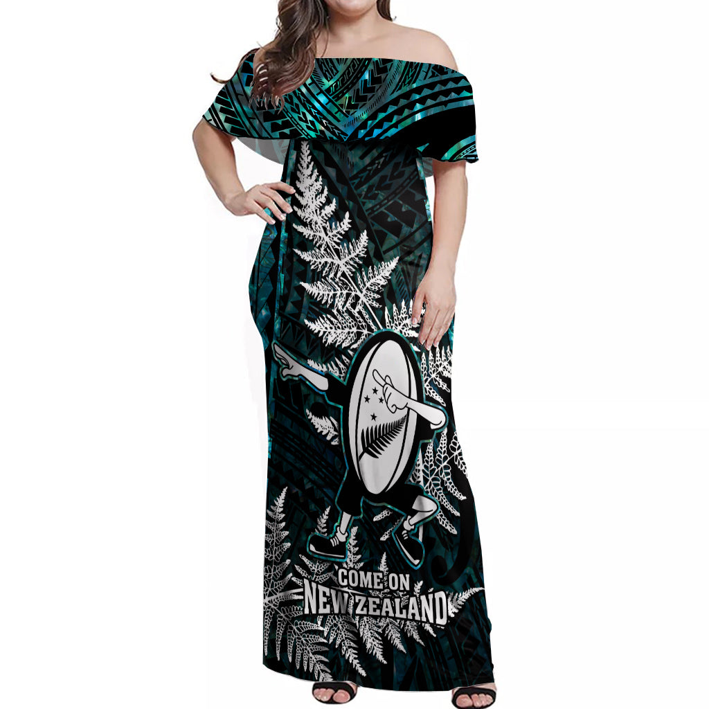 Custom New Zealand Silver Fern Rugby Off Shoulder Maxi Dress Aotearoa All Black Dabbing Ball With Maori Paua Shell LT14 Women Turquoise - Polynesian Pride