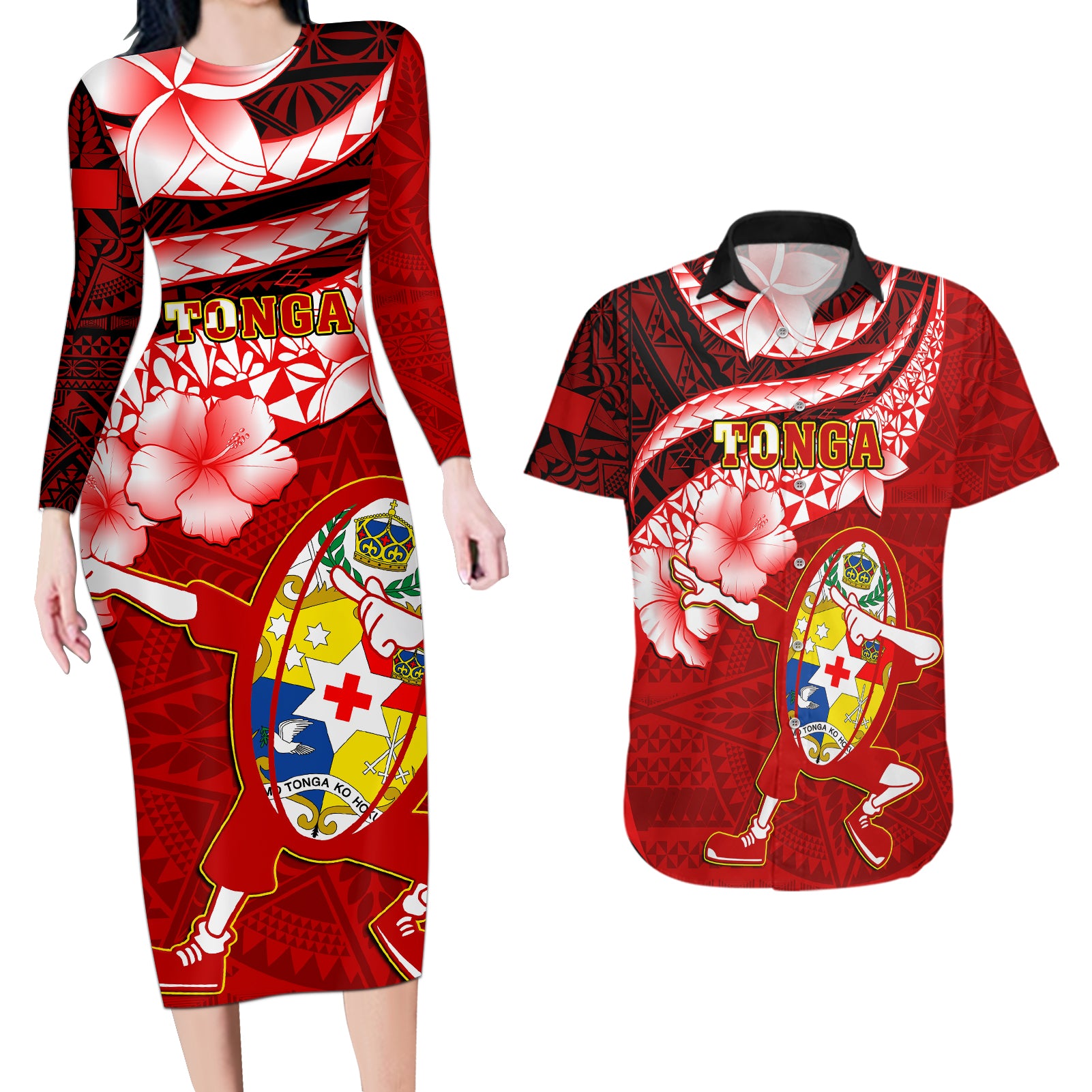 Tonga Rugby Couples Matching Long Sleeve Bodycon Dress and Hawaiian Shirt Ikale Tahi Tongan Ngatu Pattern With Dabbing Ball LT14 Red - Polynesian Pride