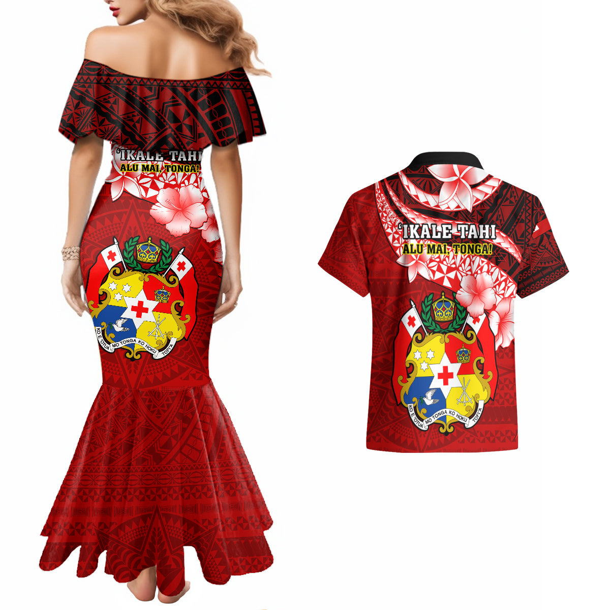 Tonga Rugby Couples Matching Mermaid Dress and Hawaiian Shirt Ikale Tahi Tongan Ngatu Pattern With Dabbing Ball LT14 - Polynesian Pride