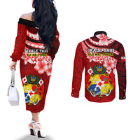 Tonga Rugby Couples Matching Off The Shoulder Long Sleeve Dress and Long Sleeve Button Shirts Ikale Tahi Tongan Ngatu Pattern With Dabbing Ball LT14 - Polynesian Pride