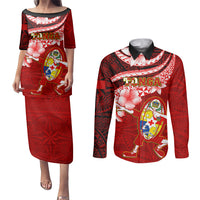Tonga Rugby Couples Matching Puletasi Dress and Long Sleeve Button Shirts Ikale Tahi Tongan Ngatu Pattern With Dabbing Ball LT14 Red - Polynesian Pride