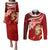 Tonga Rugby Couples Matching Puletasi Dress and Long Sleeve Button Shirts Ikale Tahi Tongan Ngatu Pattern With Dabbing Ball LT14 Red - Polynesian Pride