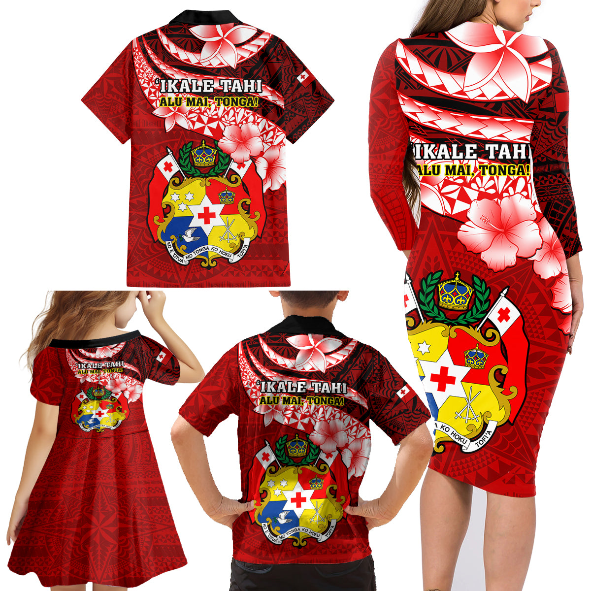 Tonga Rugby Family Matching Long Sleeve Bodycon Dress and Hawaiian Shirt Ikale Tahi Tongan Ngatu Pattern With Dabbing Ball LT14 - Polynesian Pride