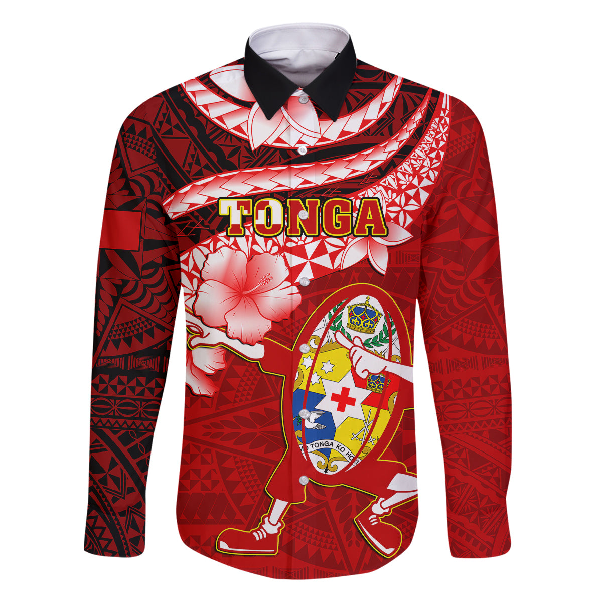 Tonga Rugby Family Matching Off Shoulder Maxi Dress and Hawaiian Shirt Ikale Tahi Tongan Ngatu Pattern With Dabbing Ball LT14 Dad's Shirt - Long Sleeve Red - Polynesian Pride