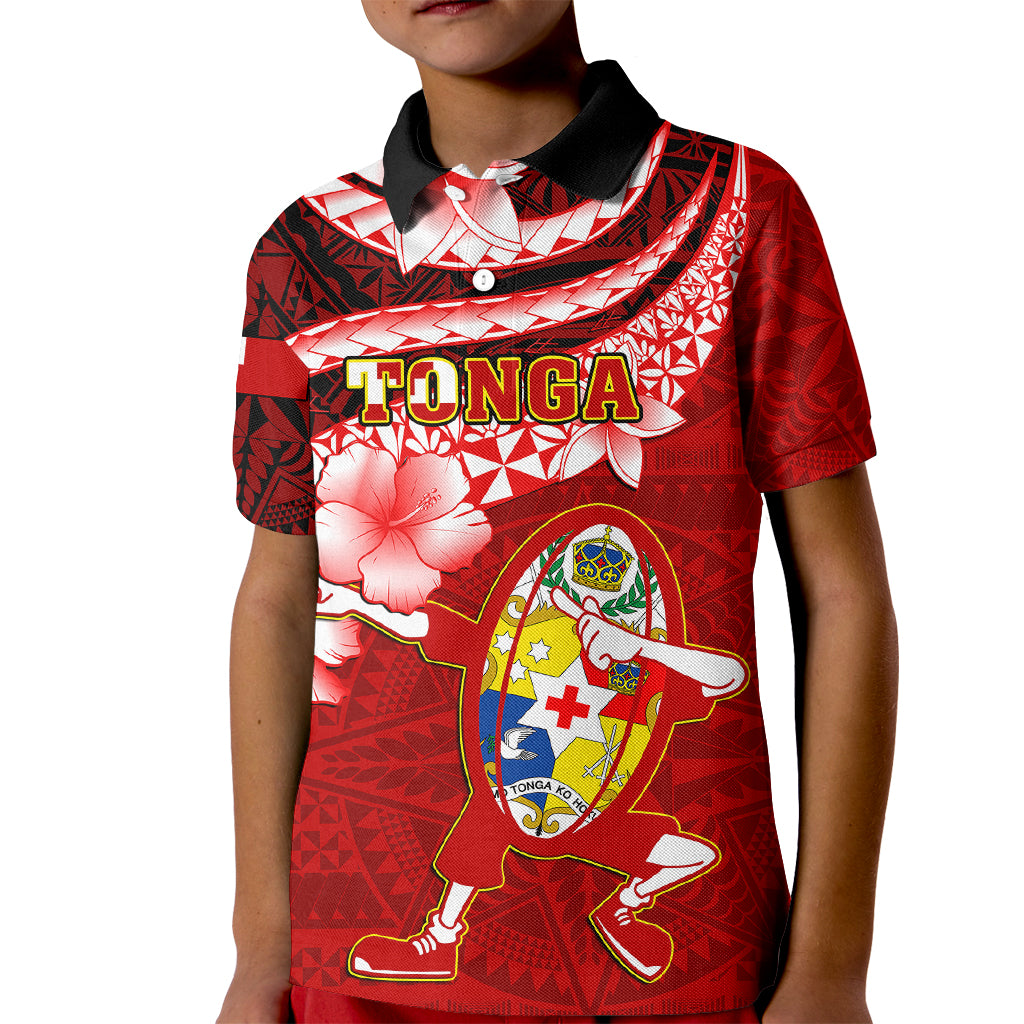 Tonga Rugby Kid Polo Shirt Ikale Tahi Tongan Ngatu Pattern With Dabbing Ball LT14 Kid Red - Polynesian Pride